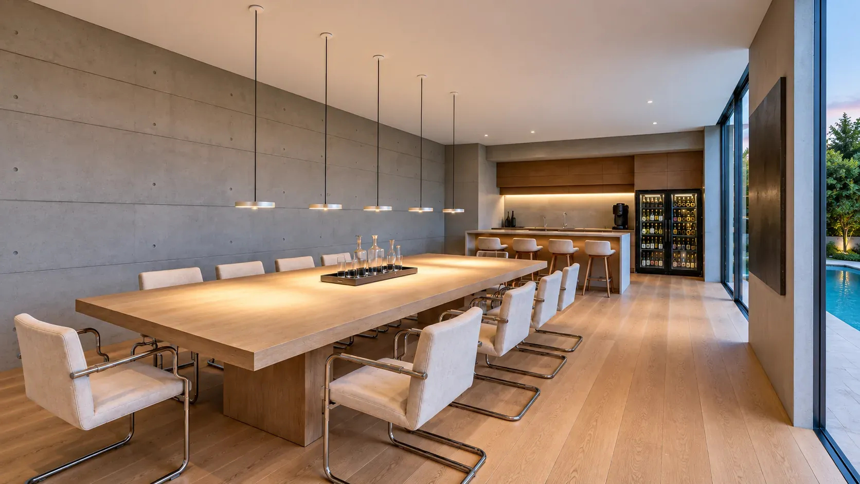 Besprechungsraum mit fünf Nubixx Pendelleuchten über einem langen Holztisch Besprechungsraum mit fünf Nubixx Pendelleuchten über einem langen Holztisch