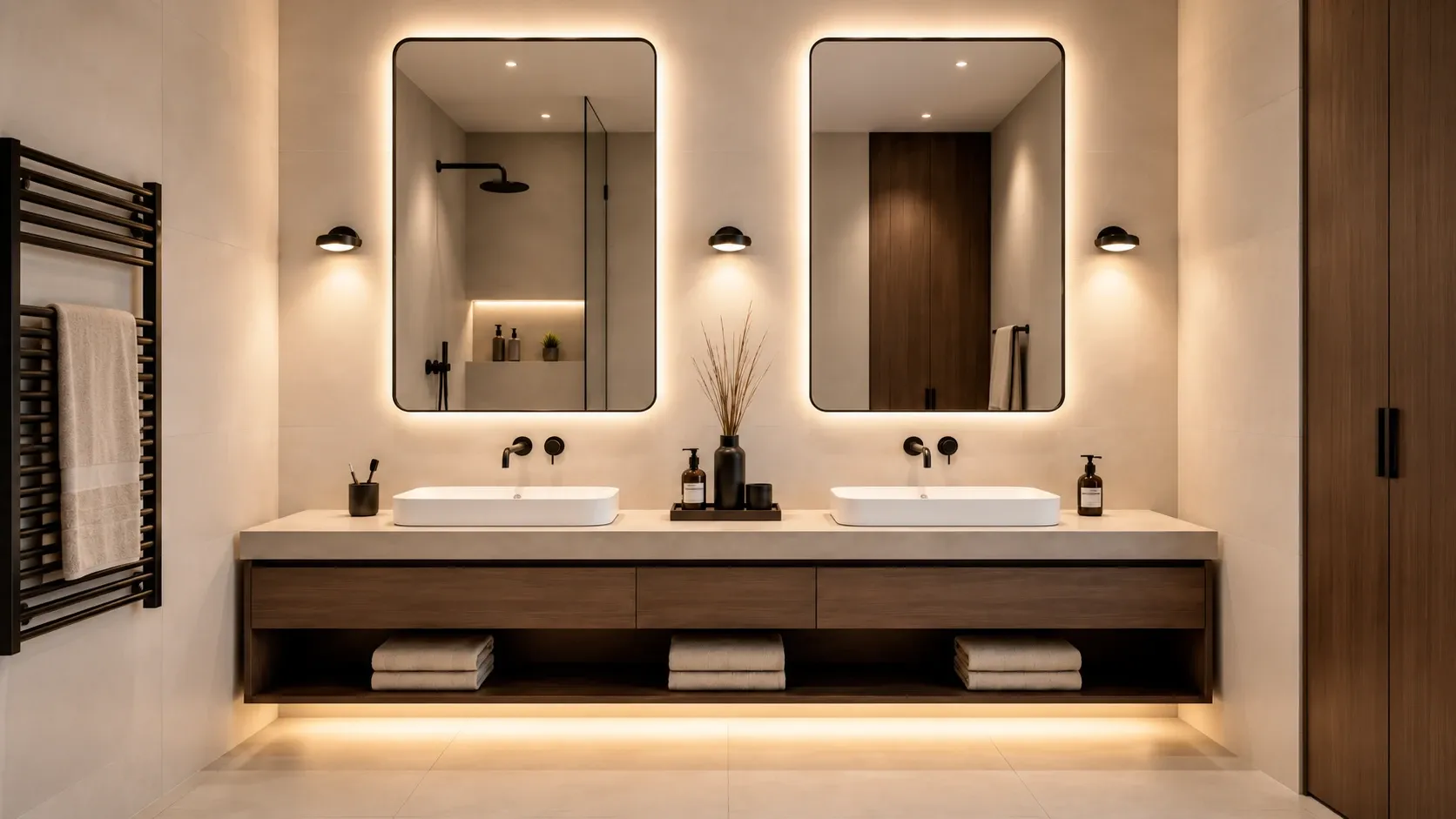 Badezimmer mit zwei beleuchteten Spiegeln, Wandleuchten und beleuchtetem Waschtischunterbau, im Licht über den Regler einstellbar Badezimmer mit zwei beleuchteten Spiegeln, Wandleuchten und beleuchtetem Waschtischunterbau, im Licht über den Regler einstellbar