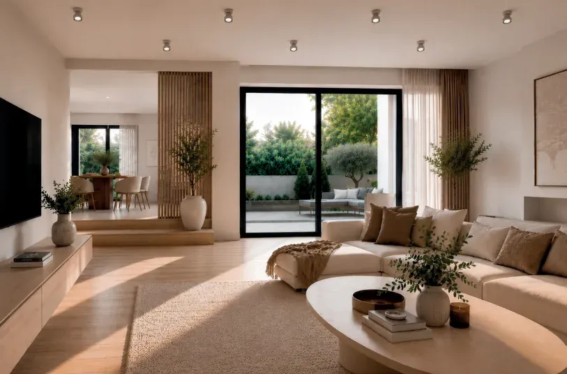 Wohnraum mit Nubixx Aufbauspots in Weiß an der Decke über Sofa und Couchtisch Wohnraum mit Nubixx Aufbauspots in Weiß an der Decke über Sofa und Couchtisch