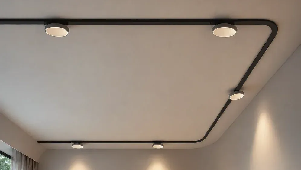 Schwarze TRIvario Schiene mit gerundeten Ecken an der Decke eines Wohnraums, bestückt mit Spots