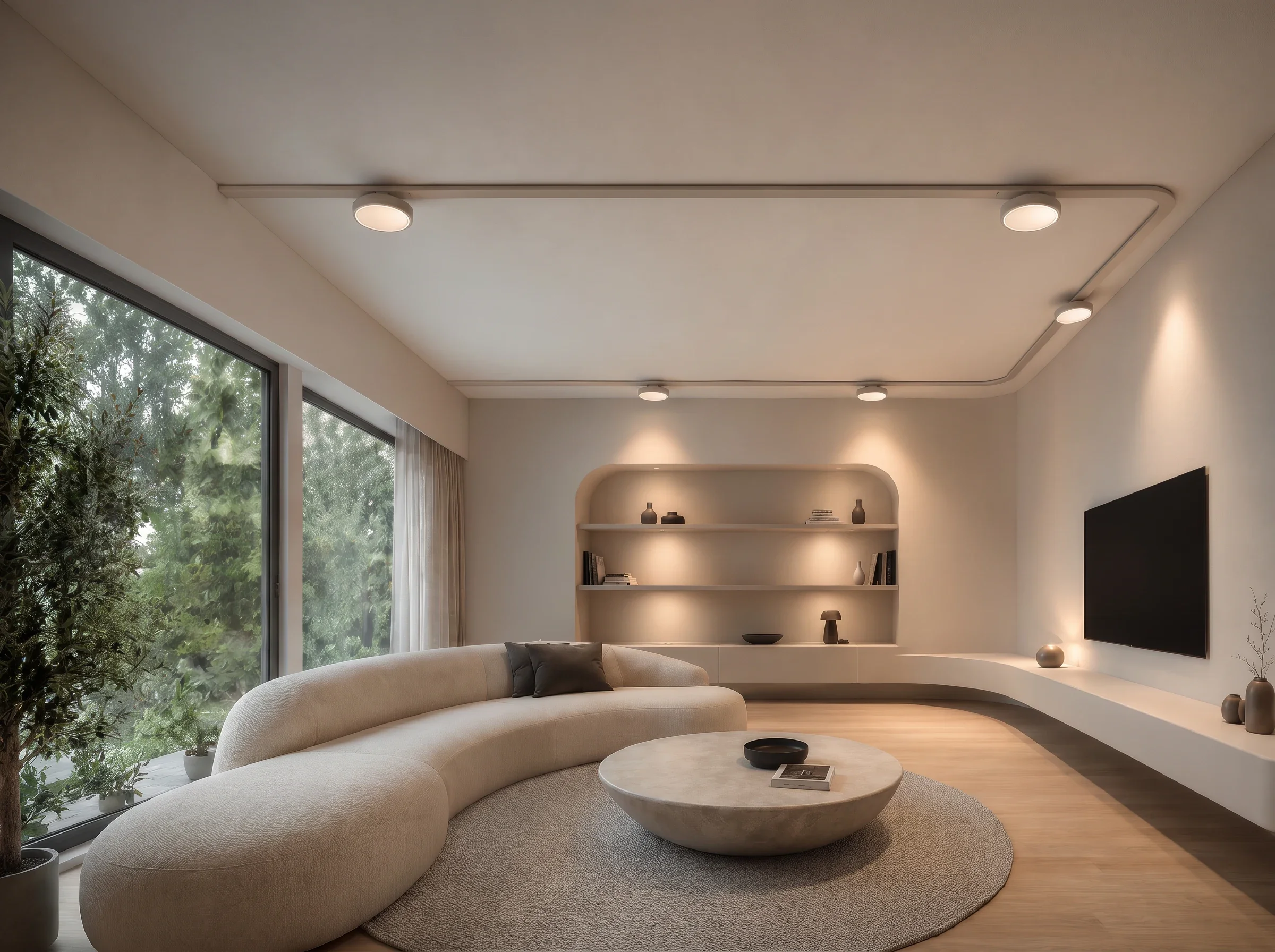 Abendlicher Wohnraum mit umlaufender TRIvario Schiene in Cashmere und Spots Fly über Regalnische und Sofa Abendlicher Wohnraum mit umlaufender TRIvario Schiene in Cashmere und Spots Fly über Regalnische und Sofa