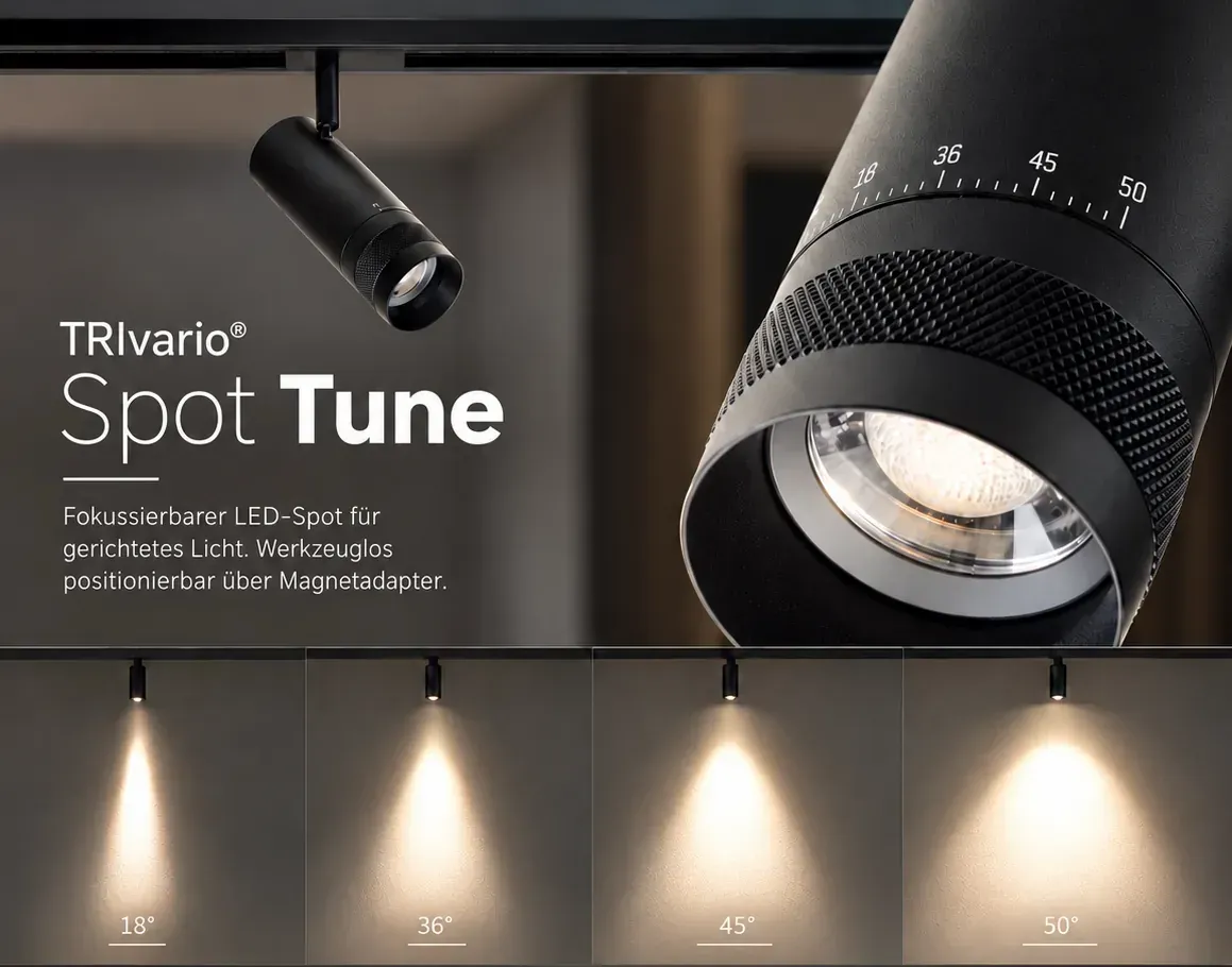 TRIvario Spot Tune in Schwarz an der Schiene, Nahaufnahme des geriffelten Fokusrings mit Skala und der Lichtkegel bei 18, 36, 45 und 50 Grad TRIvario Spot Tune in Schwarz an der Schiene, Nahaufnahme des geriffelten Fokusrings mit Skala und der Lichtkegel bei 18, 36, 45 und 50 Grad