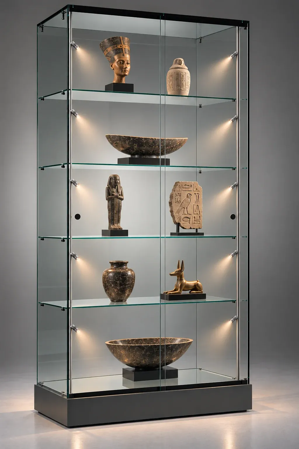 Glasvitrine mit Microline Spots an den Seitenschienen, die Exponate auf vier Glasböden punktgenau ausleuchten Glasvitrine mit Microline Spots an den Seitenschienen, die Exponate auf vier Glasböden punktgenau ausleuchten
